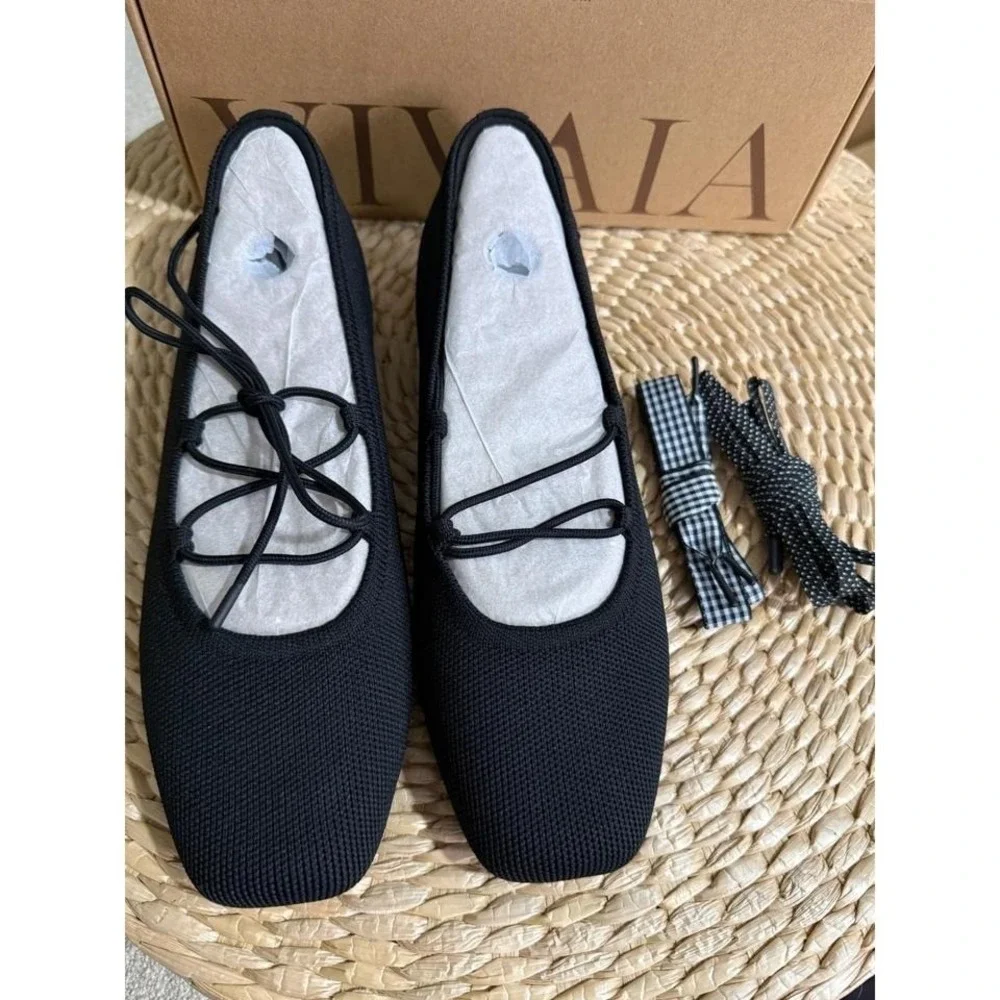 Vivaia Miley Black Square Toe Knit Ballet Flats Lace Up Shoes EU/39.5 US/8.5